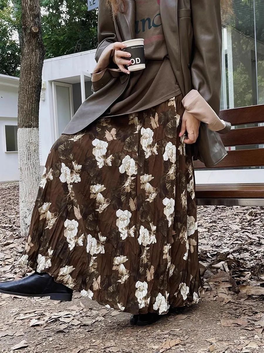 Retro Floral Ruffled Soft A-line Long Skirt