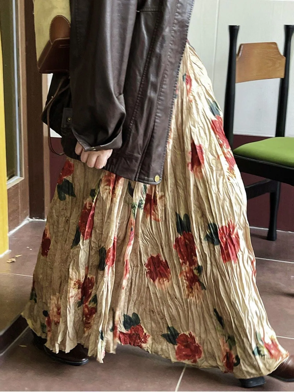 Retro Floral Ruffled Soft A-line Long Skirt