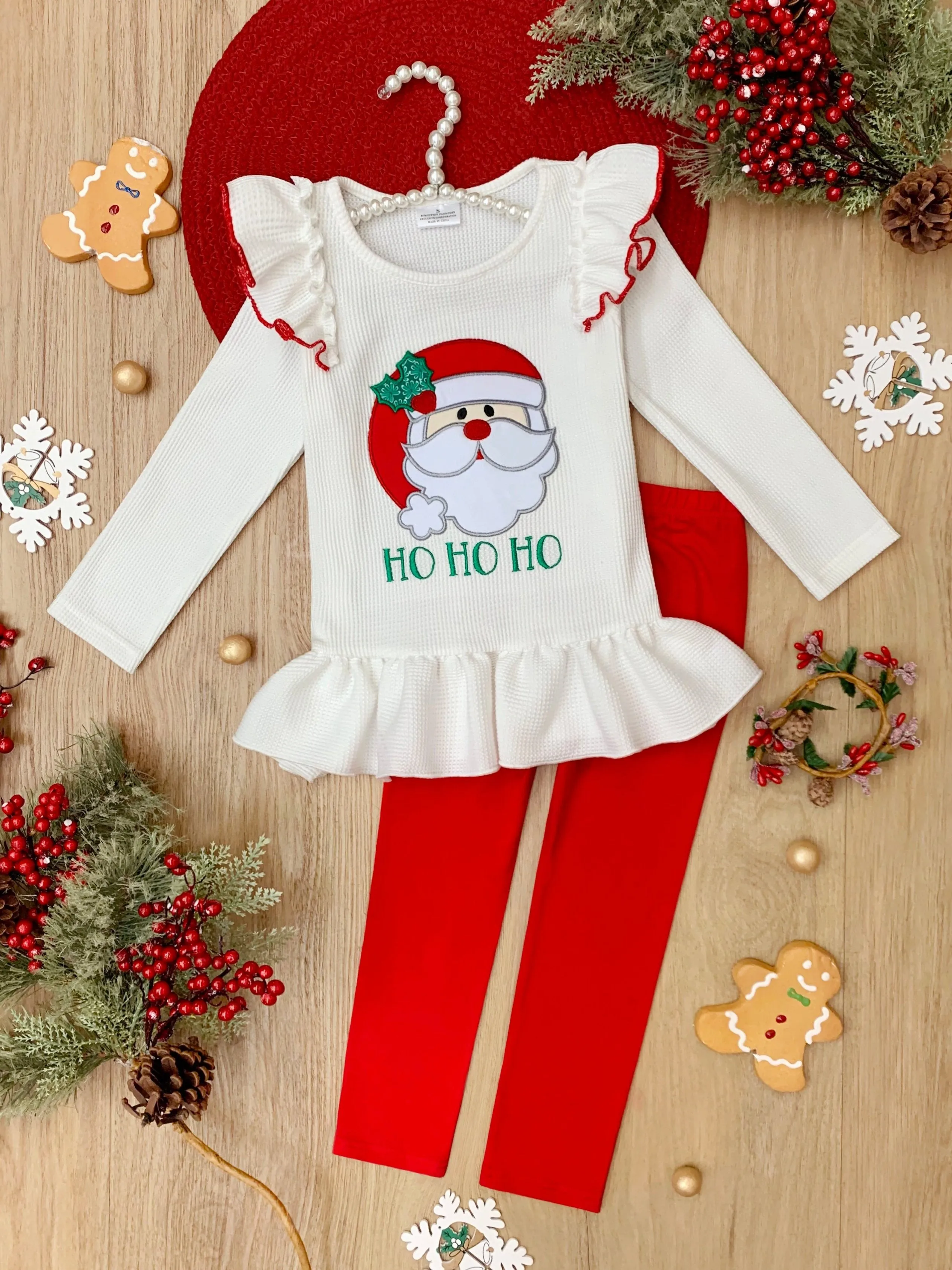 Santa Embroidered Ruffle Top and Legging Christmas Set