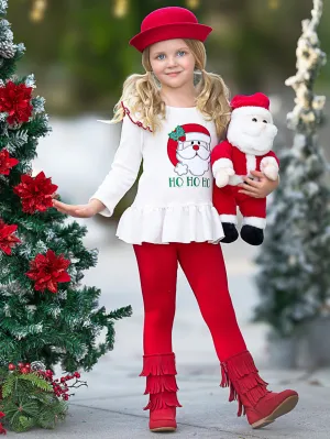 Santa Embroidered Ruffle Top and Legging Christmas Set