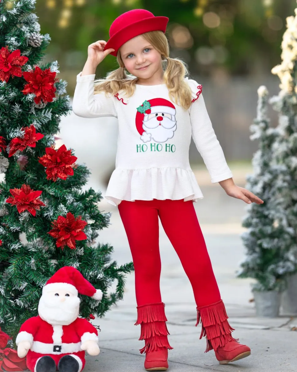 Santa Embroidered Ruffle Top and Legging Christmas Set