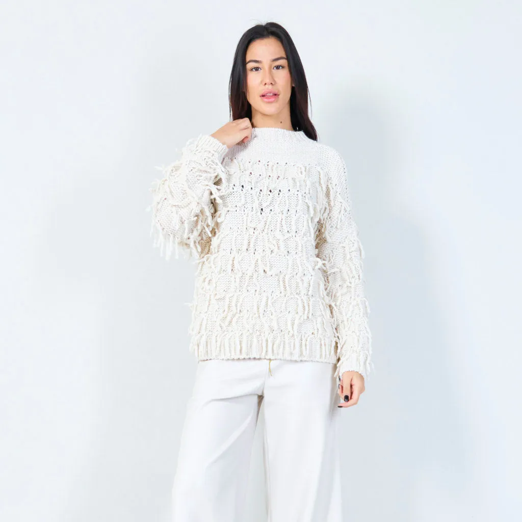 Textured fringe knit sweater wholesale