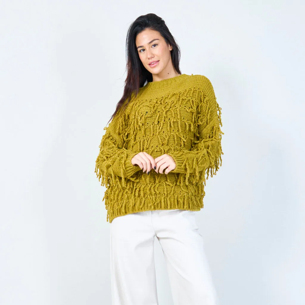 Textured fringe knit sweater wholesale