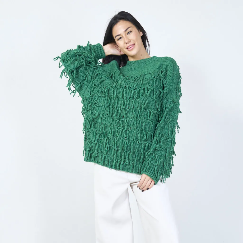 Textured fringe knit sweater wholesale