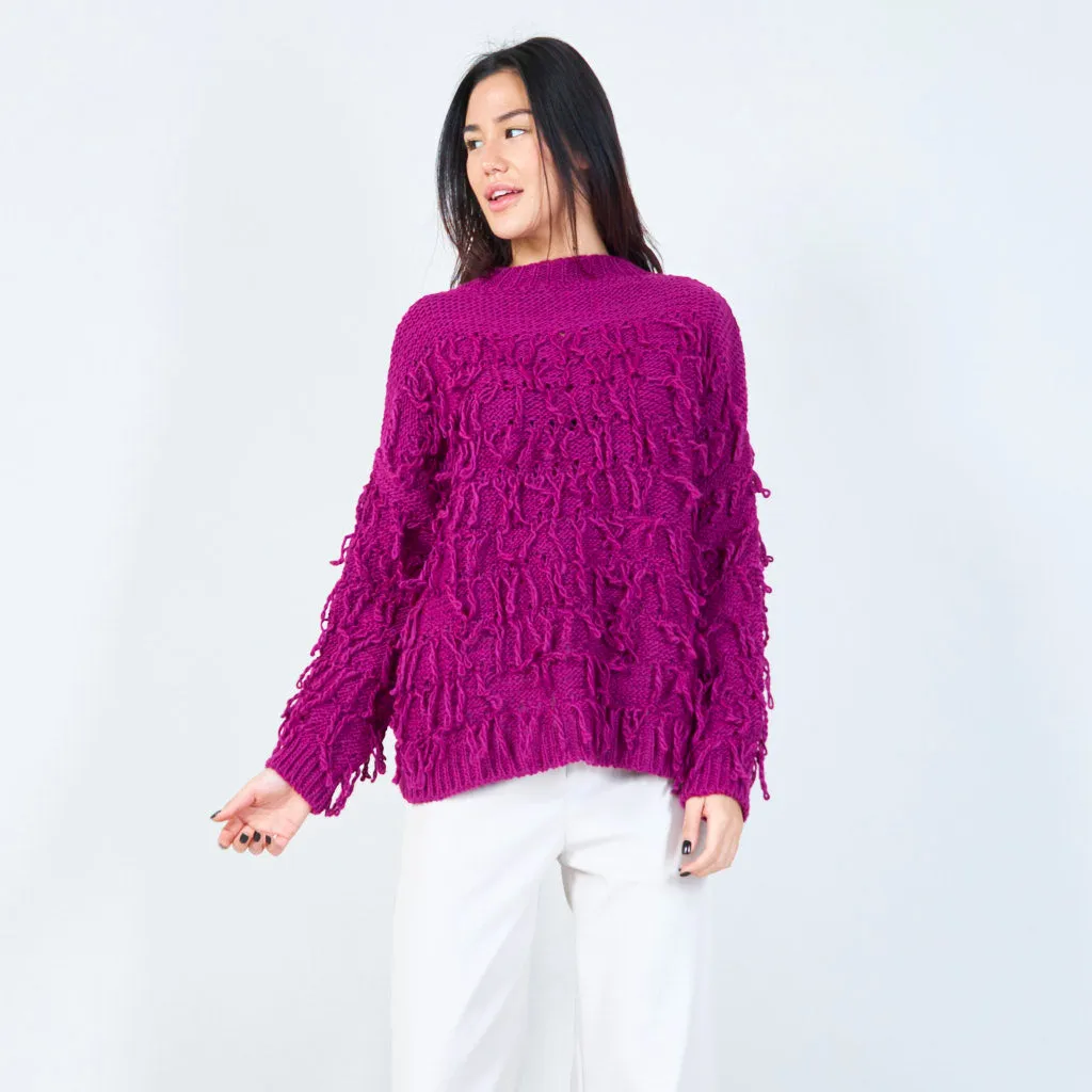 Textured fringe knit sweater wholesale