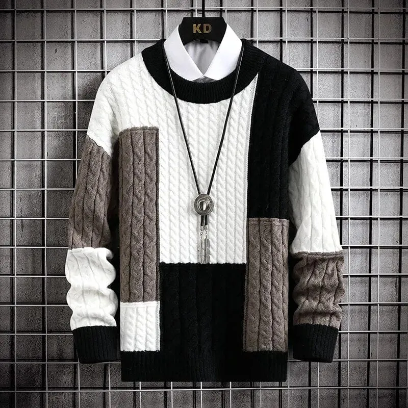 Tokyo Harajuku Sweater - Elevate Your Style: Colour-Blocked O-Collar Warm Sweater - Long Sleeve Loose Knit Pullover