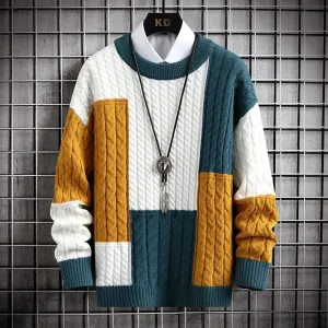 Tokyo Harajuku Sweater - Elevate Your Style: Colour-Blocked O-Collar Warm Sweater - Long Sleeve Loose Knit Pullover