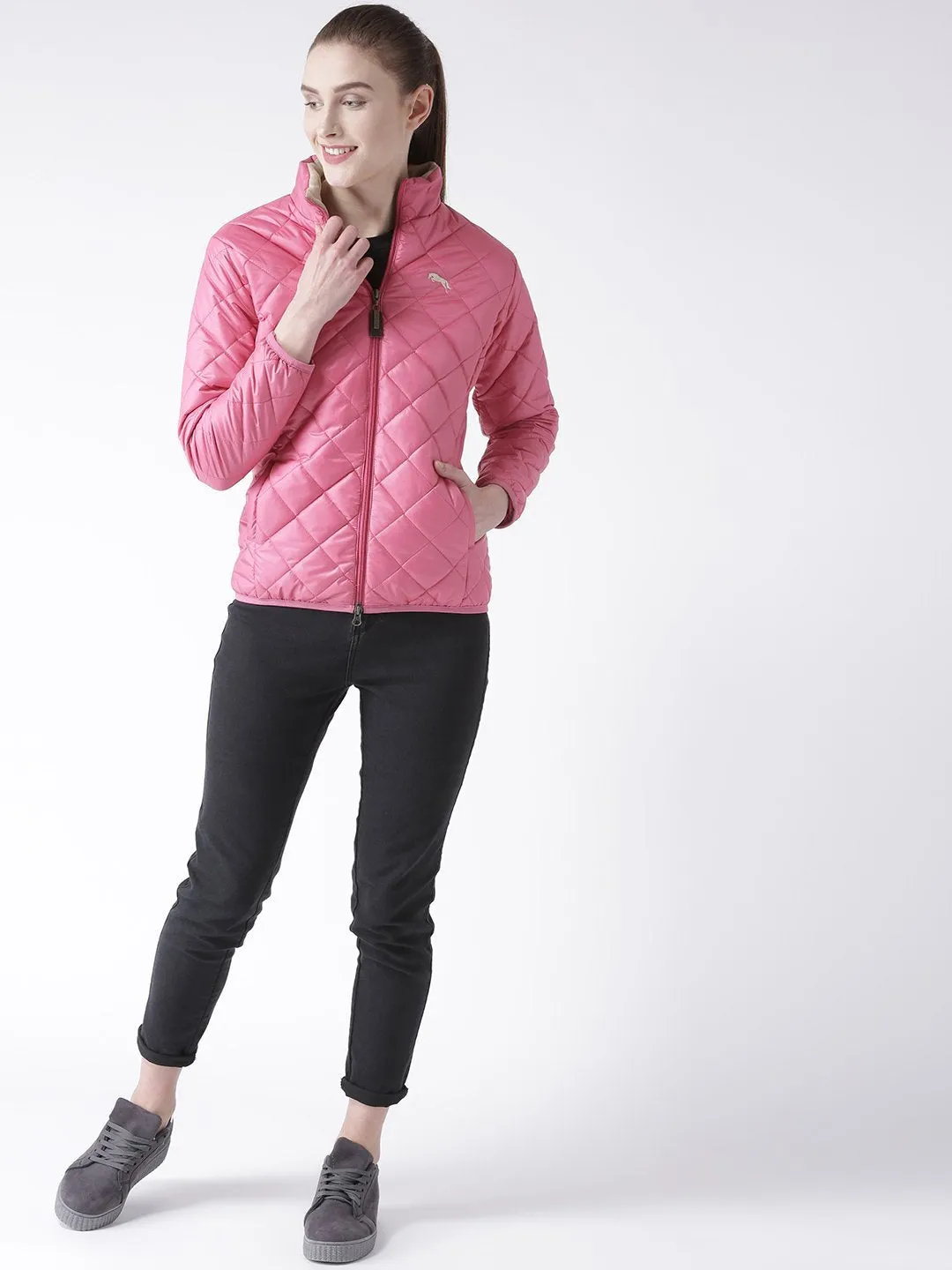 Women Polyster Casual Long Sleeve  Pink Winter Jacket