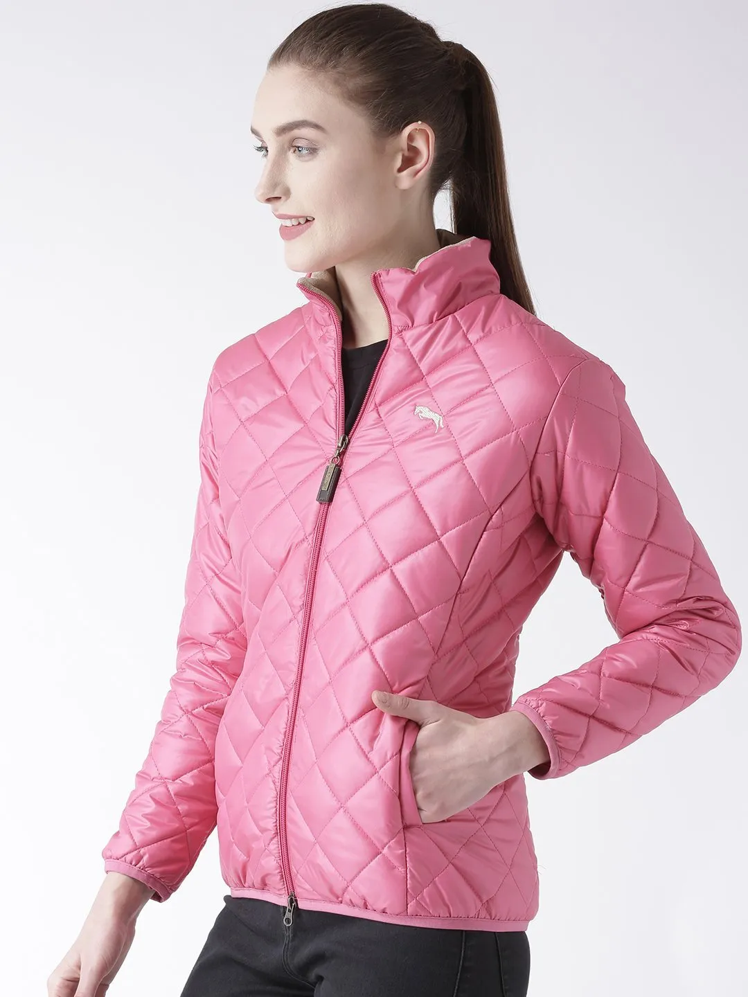 Women Polyster Casual Long Sleeve  Pink Winter Jacket