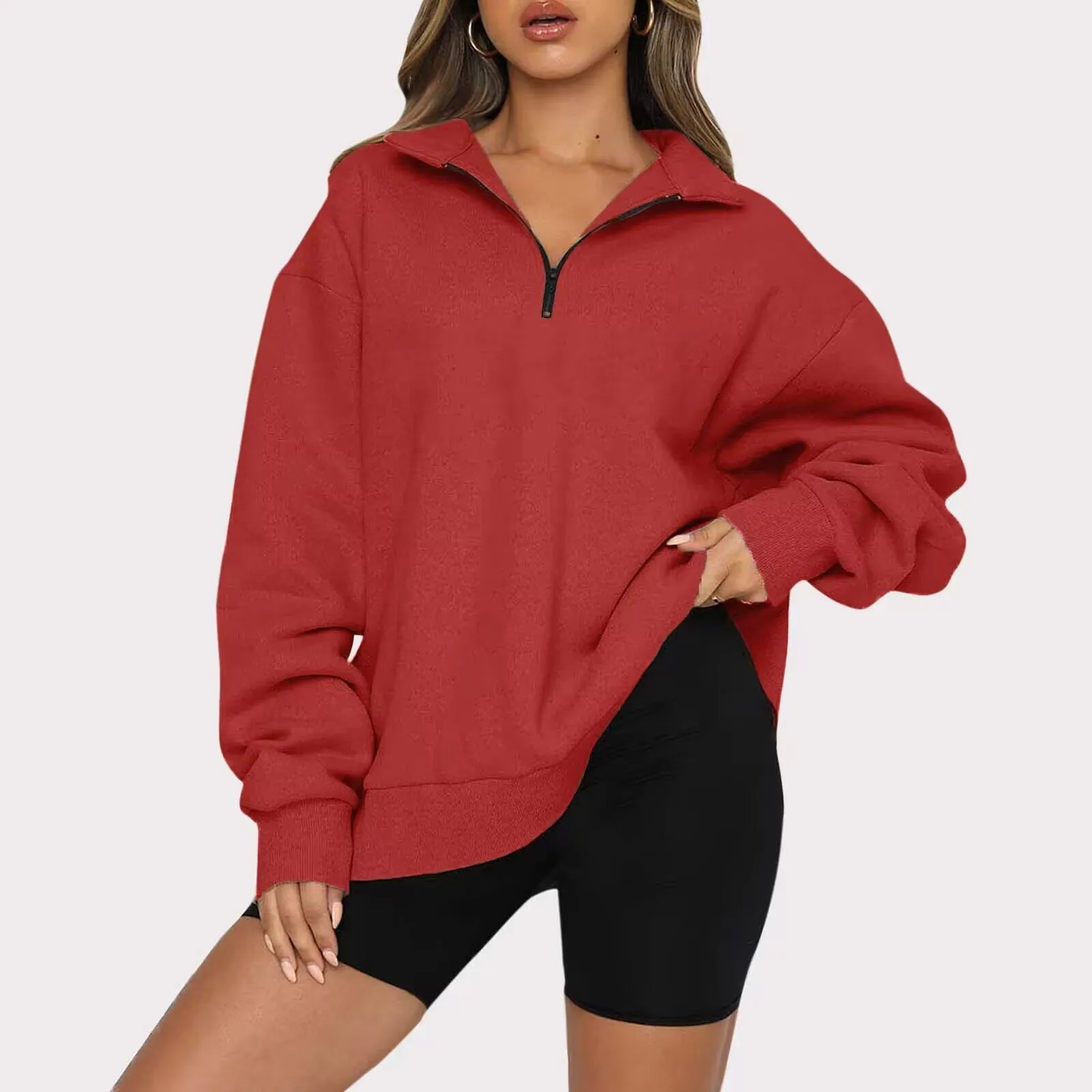 Women Sweatshirts Zip Turndown Collar Loose Casual Tops