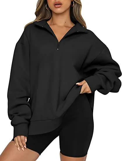 Women Sweatshirts Zip Turndown Collar Loose Casual Tops