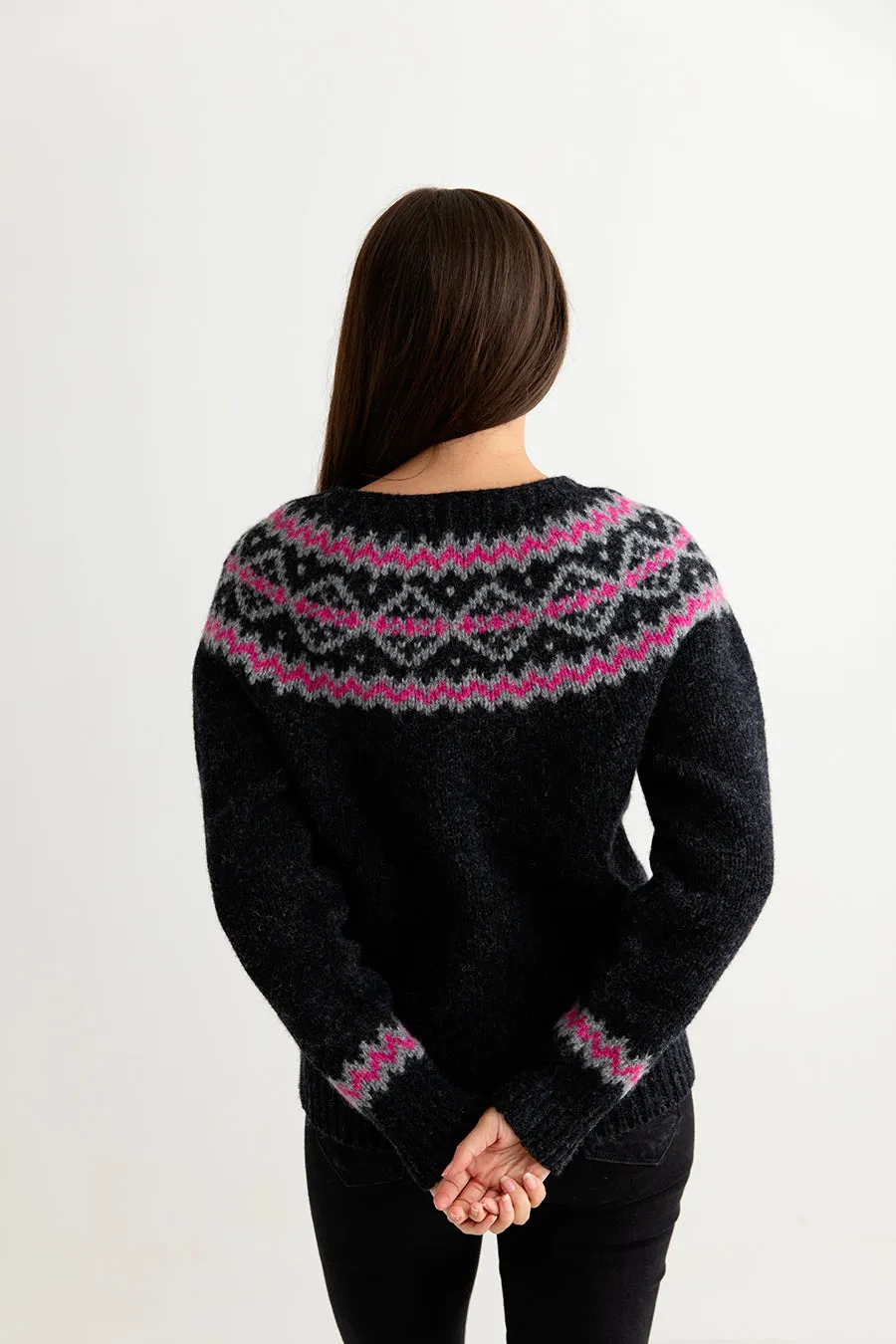 Womens Chunky Finnieston Yoke Fair Isle Jumper - Charcoal