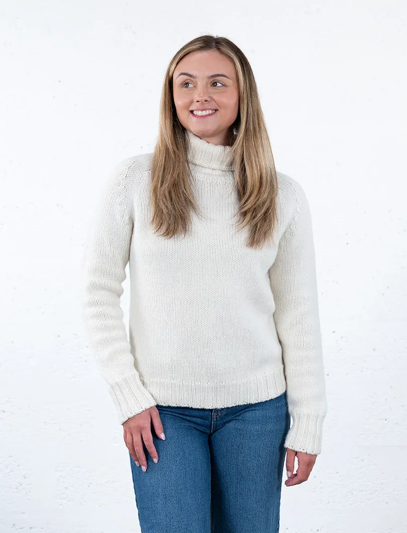 Womens Chunky Geelong Superfine Lambswool Polo Neck Jumper - Undyed Ecru