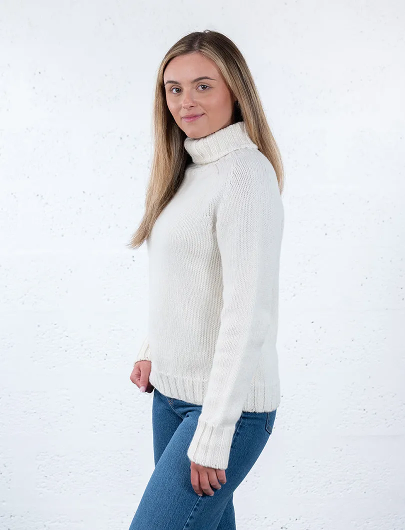 Womens Chunky Geelong Superfine Lambswool Polo Neck Jumper - Undyed Ecru