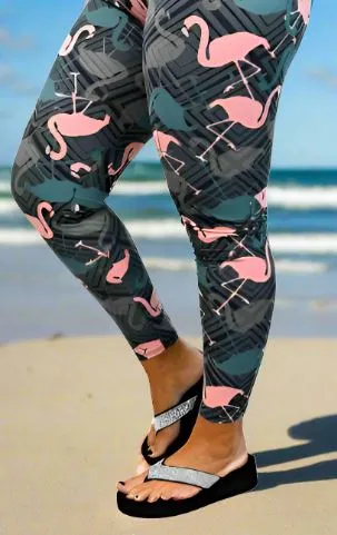 Womens Pink Flamingo Leggings, Soft Yoga Pants, Size 18-22, No-Roll Waist, Gray/Pink