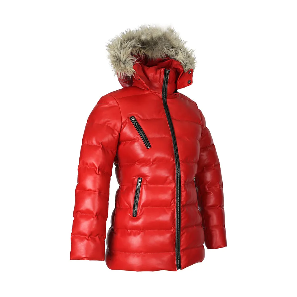 Womens Selina Puffer Leather Jacket with Fur Hoodie (Red)