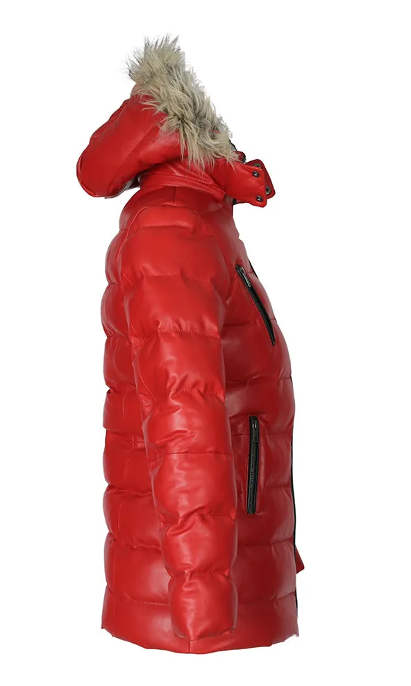 Womens Selina Puffer Leather Jacket with Fur Hoodie (Red)