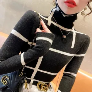 Women's Slim Fit Striped Turtleneck Sweater – Elastic Knit Pullover for Street Fashion