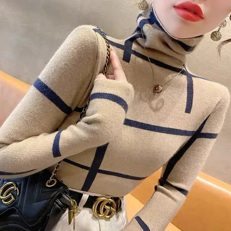 Women's Slim Fit Striped Turtleneck Sweater – Elastic Knit Pullover for Street Fashion