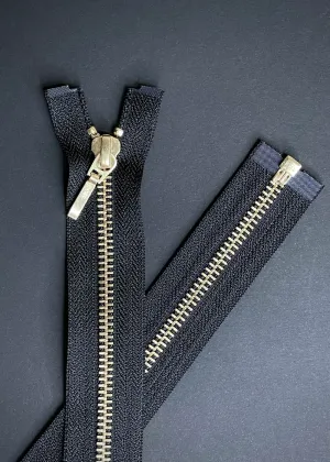 YKK, Open Ended Zip Drop Pull. Brass. Black. 100cm